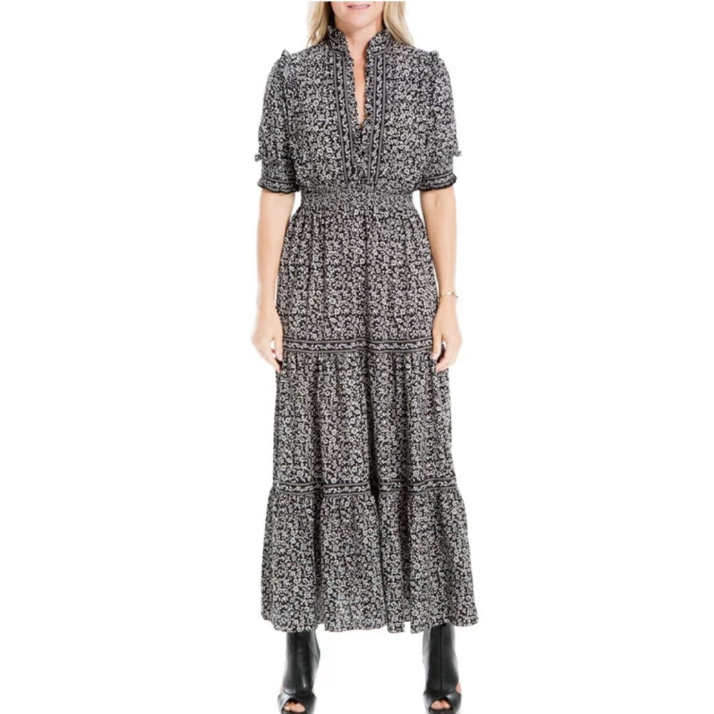 Max Studio Tiered Ditsy Floral Maxi Dress V Neck Short Sleeve size L